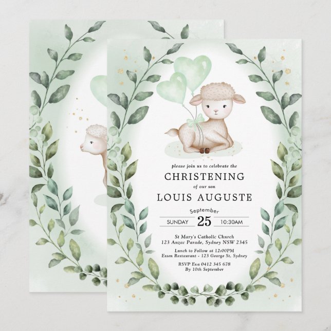 Eucalyptus Lamb Baby Sheep Christening Baptism Inbjudningar (Fram/baksida)