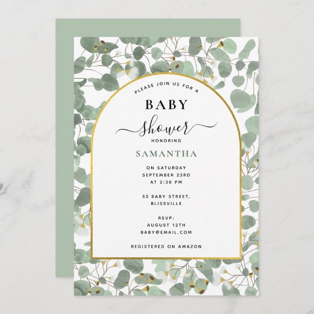 Eucalyptus Lämnar Kön Neutral Guld Baby Shower Inbjudningar (Fram/baksida)