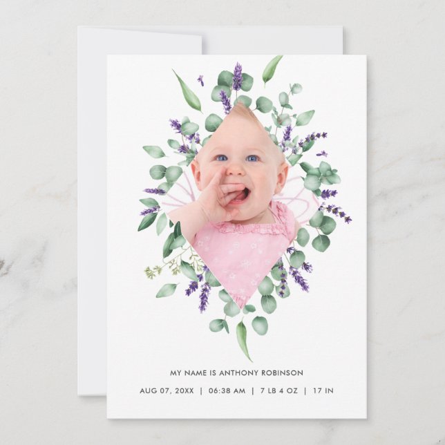 Eucalyptus Lavender Birth Announement Photo Card Meddelande (Framsida)