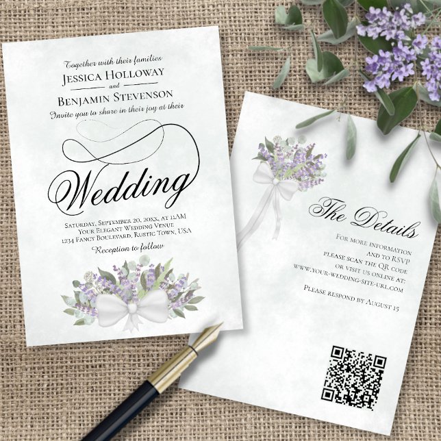 Eucalyptus & Lavender Bouquet QR Code Bröllop Inbjudningar (Front/Back)