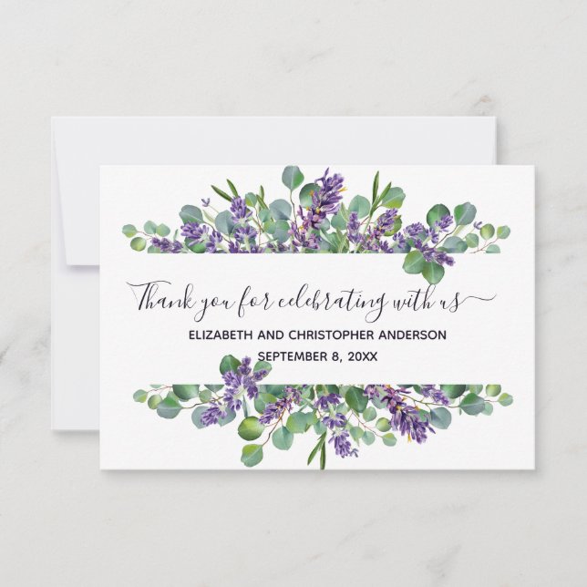 Eucalyptus Lavender Calligraphy Bröllop Tack Kort (Framsida)