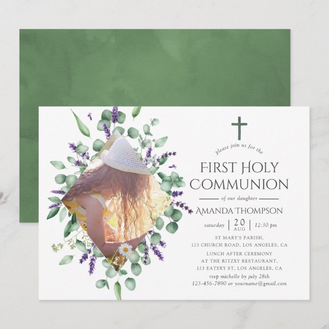 Eucalyptus Lavender First Heliga Communion Inbjudningar (Fram/baksida)