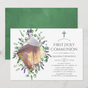 Eucalyptus Lavender First Heliga Communion Inbjudningar