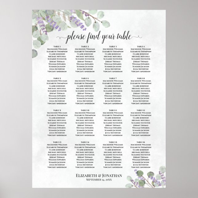 Eucalyptus Lavender för sätesschemat Bord 16 Bröll Poster (Framsidan)