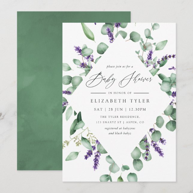 Eucalyptus Lavender Greenery Baby Shower Inbjudningar (Fram/baksida)