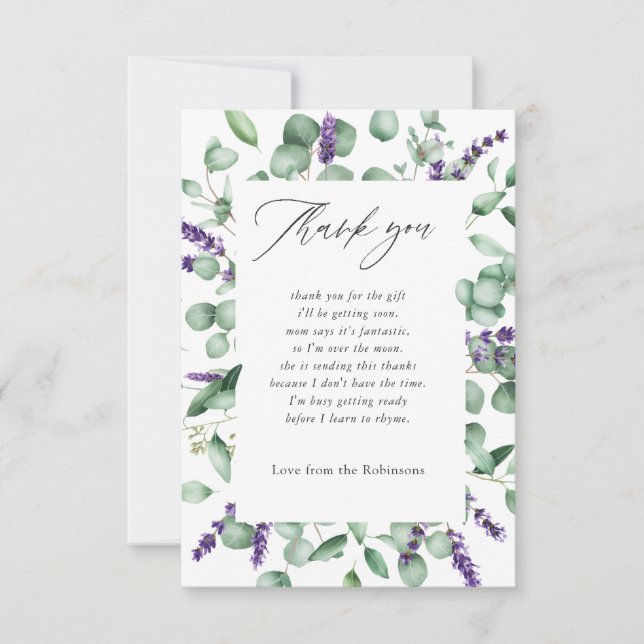 Eucalyptus Lavender Greenery Baby Shower Tack Kort (Framsida)