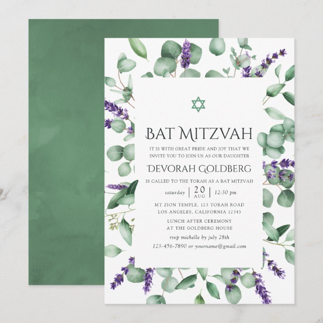 Eucalyptus Lavender Greenery Bat mitzvah Inbjudningar (Fram/baksida)