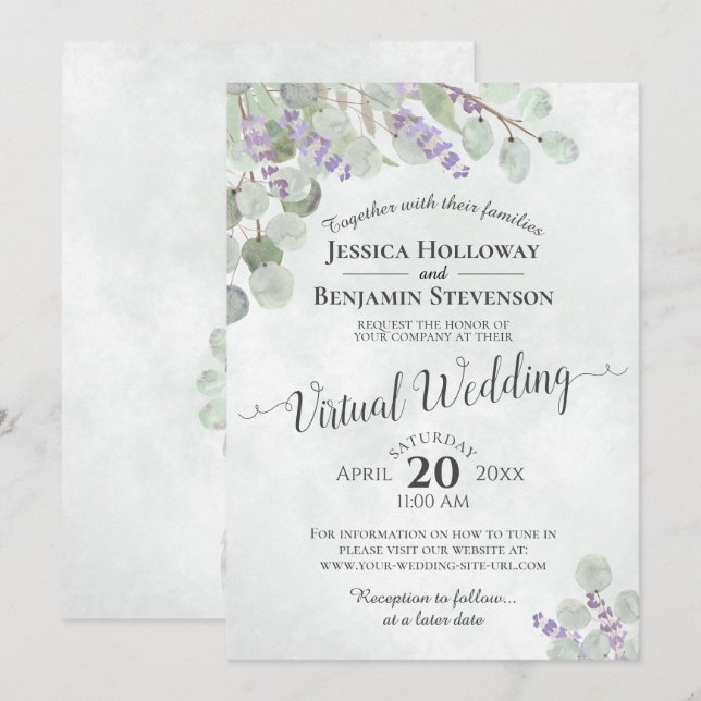 Eucalyptus Lavender & Greenery Virtuellare Bröllop Inbjudningar (Fram/baksida)