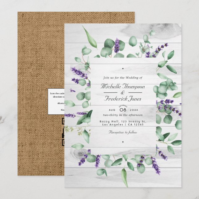 Eucalyptus Lavender Rustic QR OSA Bröllop Inbjudningar (Fram/baksida)
