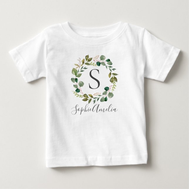 Eucalyptus Leafy Wand Personlig Baby Namn T Shirt (Framsida)