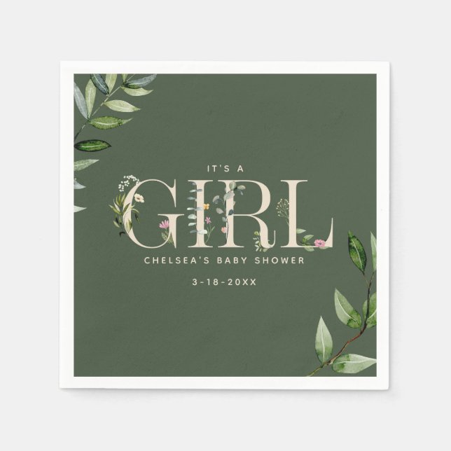 Eucalyptus Lettering Grönt Girl Baby Shower Pappersservett (Framsidan)