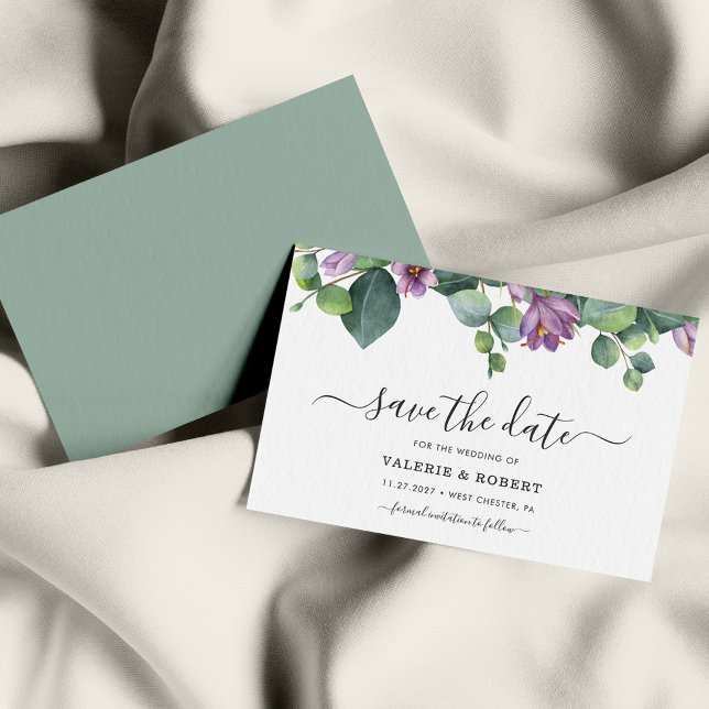 Eucalyptus Lila Blommigt Succult Save the Date Anteckningskort (Skapare uppladdad)