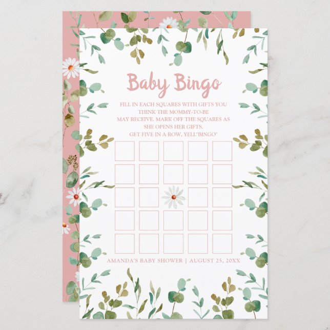 Eucalyptus Löv Baby Shower Baby Bingo (Fram/baksida)