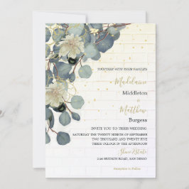 Eucalyptus Löv Blommigt Brick Rustic Guld Bröllop Inbjudningar