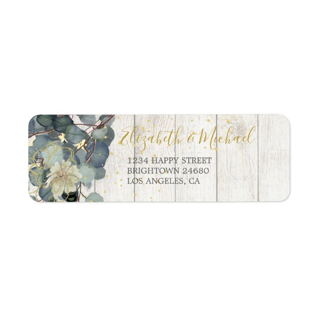 Eucalyptus Löv Blommigt Rustic Wood Address Label Returadress Etikett (Framsidan)
