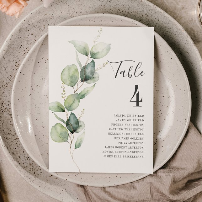 Eucalyptus Löv Bordsnummer 4 säten Bröllop (Eucalyptus Script Wedding Table Number Card)