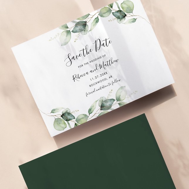 Eucalyptus Löv Botanical Bröllop Spara Datumet (Eucalyptus Greenery Save the Date Script Wedding Announcement Card)
