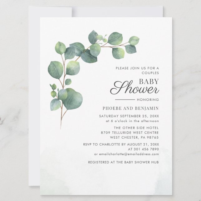Eucalyptus Löv Botanical Par Baby Shower Inbjudningar (Framsida)