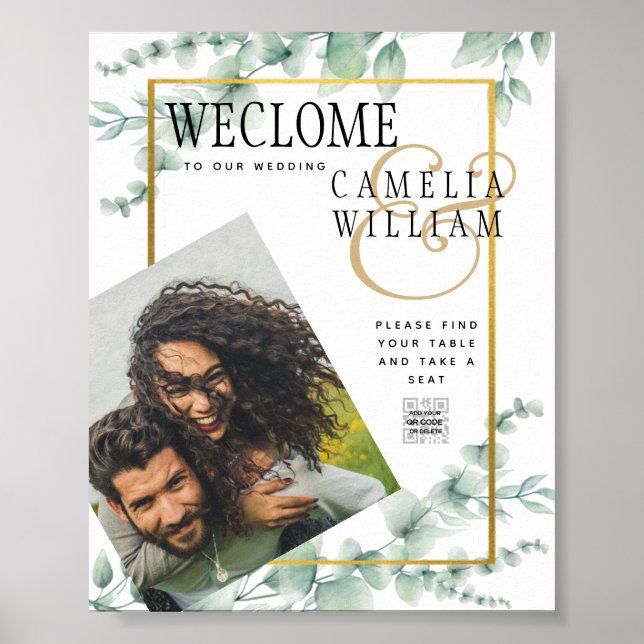 Eucalyptus Löv BRÖLLOP Greenery GULD QR CODE Poster (Framsidan)