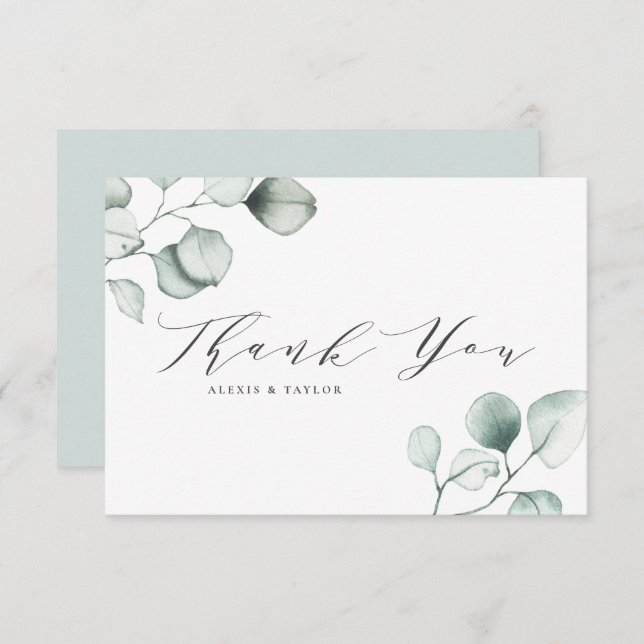 Eucalyptus Löv Bröllop med minimalistisk vattenfär Tack Kort (Fram/baksida)