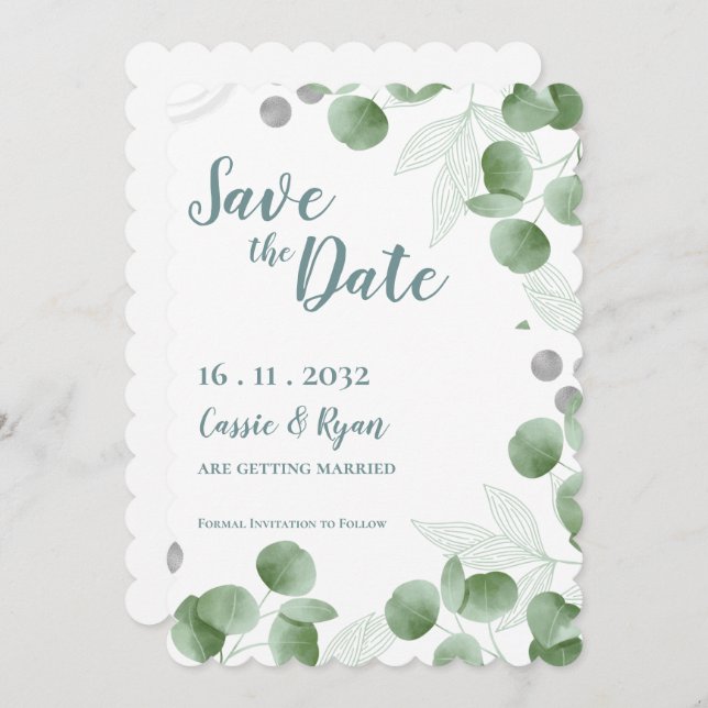 Eucalyptus Löv Bröllop spara datum (Fram/baksida)