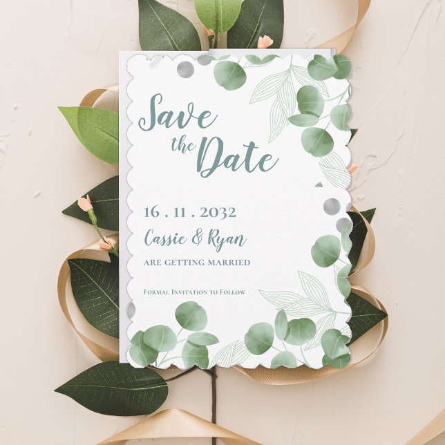 Eucalyptus Löv Bröllop spara datum (Watercolor Eucalyptus Leaves Wedding Save the Date)