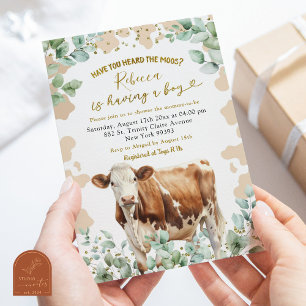 Eucalyptus Löv Cow Farm Boy Greenery Baby Shower Inbjudningar