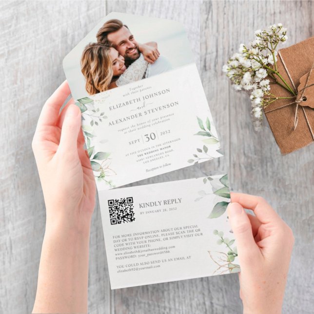 Eucalyptus löv elegant foto QR-kod bröllop (Skapare uppladdad)