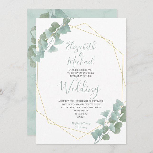 Eucalyptus Löv Geometric Summer Elegant bröllop Inbjudningar (Fram/baksida)