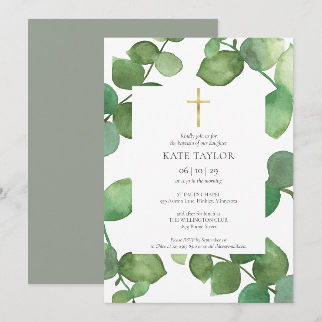 Eucalyptus Löv Greenery Baptism Christening Inbjudningar (Fram/baksida)