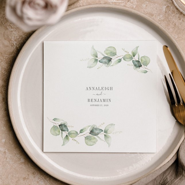 Eucalyptus Löv Greenery Bröllop Cocktail Papper Pappersservett (Watercolor Eucalyptus Foliage Wedding Reception Paper Napkins)