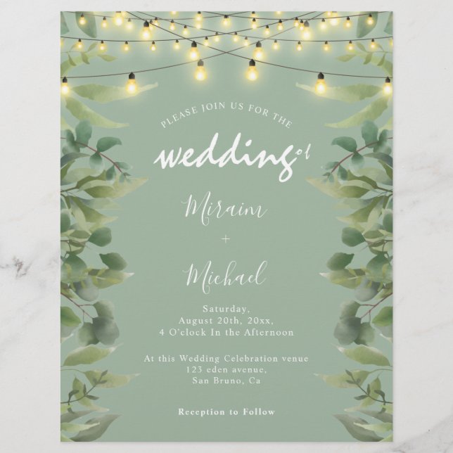 Eucalyptus Löv Greenery & Ljus String bröllop Reklamblad (Framsidan)