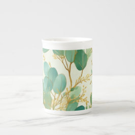 Eucalyptus Löv Grönt och Guld design Benporslin Mugg