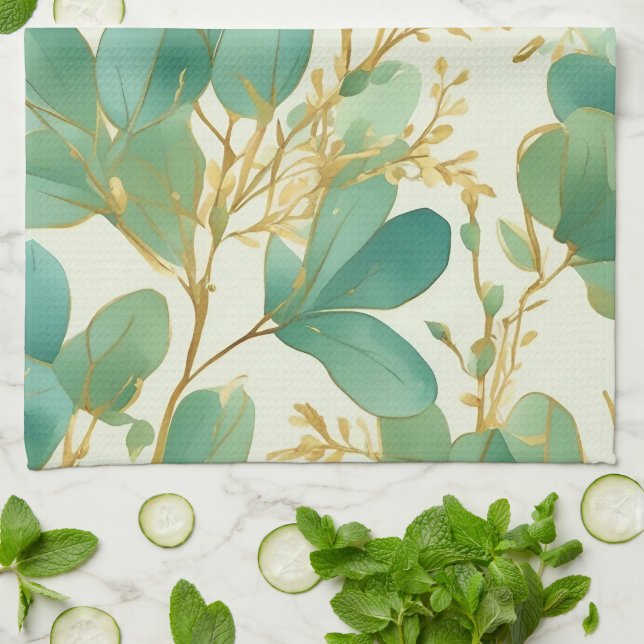 Eucalyptus Löv Grönt och Guld design Kökshandduk (Vikta)