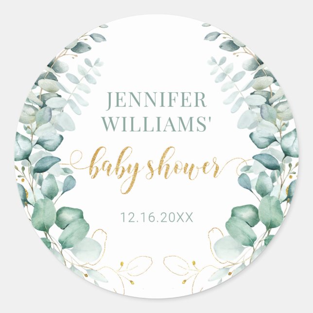 Eucalyptus löv guld babydusch runt klistermärken (Framsida)