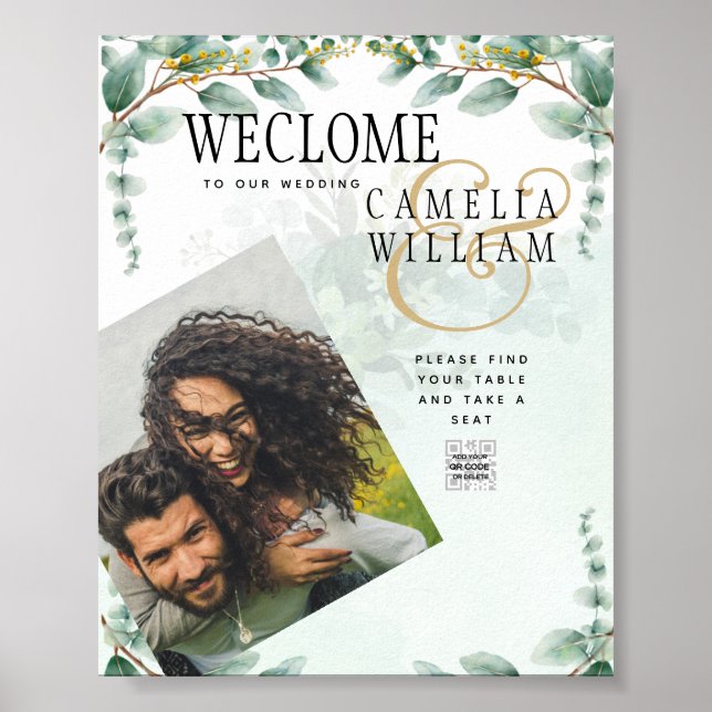 Eucalyptus Löv GULD BRÖLLOP QR CODE BUDGET Poster (Framsidan)