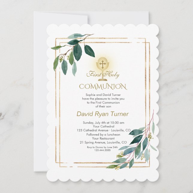 Eucalyptus Löv Guld Kor Heliga Communion Inbjudningar (Framsida)