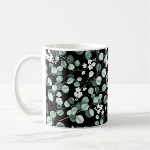 Eucalyptus Löv: White Flowers Mönster Kaffemugg