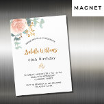 Eucalyptus luxury ro blommigt magnetisk inbjudningskort<br><div class="desc">En inbjudan till elegant megnetiskt kort för en 40:e (eller någon ålder) födelsedagsfest. En vit chic bakgrund. Dekorerad med en ro guld och en rosa vattenfärgad blomma, blommigt, grönt eucalyptus löv, spriter, grönsak och faux ro sprig. Personalisera och närmare uppgifter om namn och party. Svarta och gyllene brev. Namn är...</div>