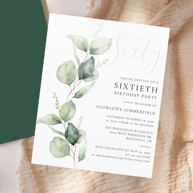 Eucalyptus Mamma 60:e Födelsedagsfest inbjudan (Modern Sage Green Eucalyptus 60th Birthday Party Invitation)