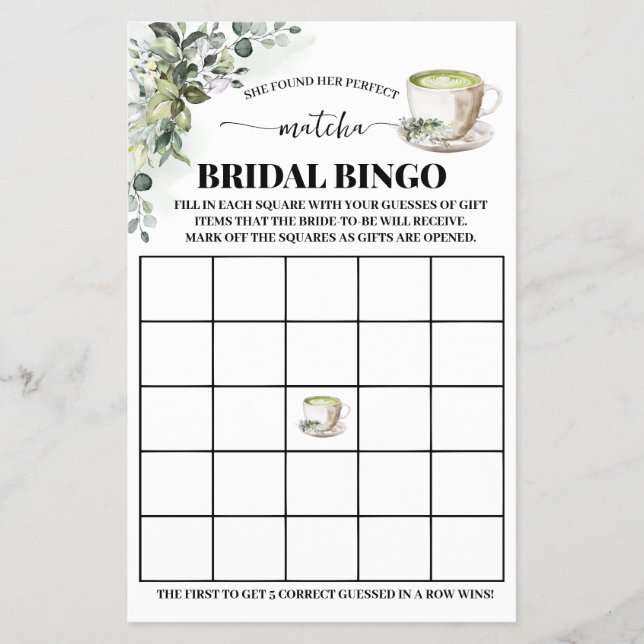 Eucalyptus Matcha Bröllopsdusch Bingo Spelkort Flygblad (Framsidan)