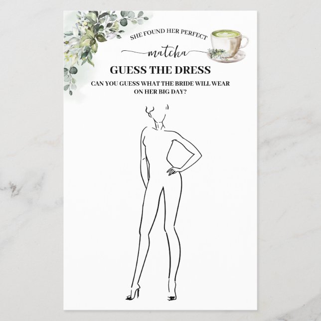 Eucalyptus Matcha Guess the Dress Shower Game Card Flygblad (Framsidan)