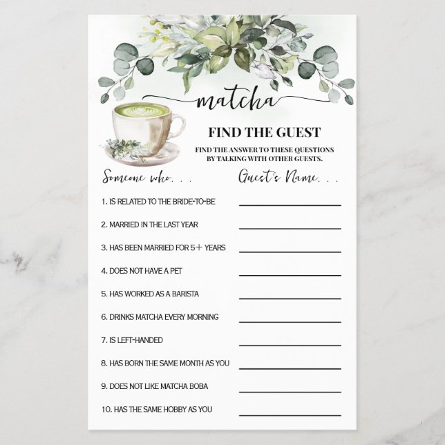 Eucalyptus Matcha Hitta Gäst Dusch Spelkort Flygblad (Framsidan)
