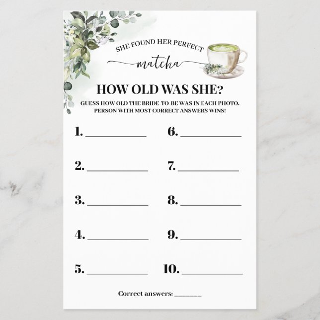 Eucalyptus Matcha How old was She Shower Game Card Flygblad (Framsidan)