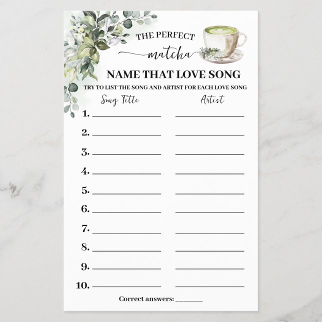 Eucalyptus Matcha Name Love Song Shower Game Card Flygblad (Framsidan)