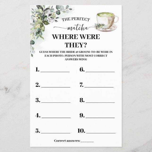 Eucalyptus Matcha Where Were They Shower Game Card Flygblad (Framsidan)
