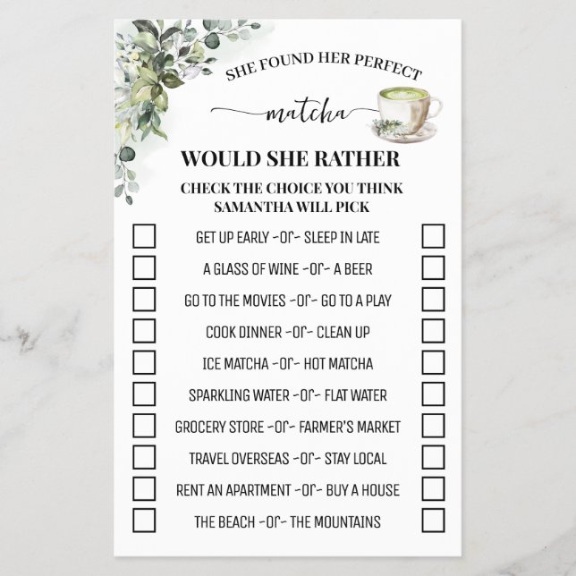 Eucalyptus Matcha Would She Rather Shower Game Flygblad (Framsidan)