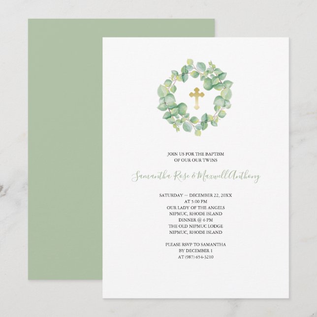 Eucalyptus med vattenfärg och baptism i Guld Kor Inbjudningar (Fram/baksida)