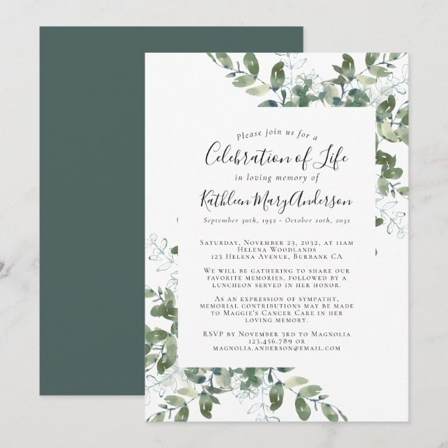 Eucalyptus Memorial Firande i Life Inbjudningar (Fram/baksida)