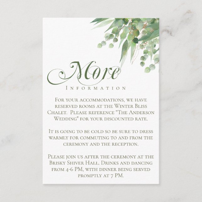 Eucalyptus Mer Information Bröllopsdetaljer Tilläggskort (Framsida)